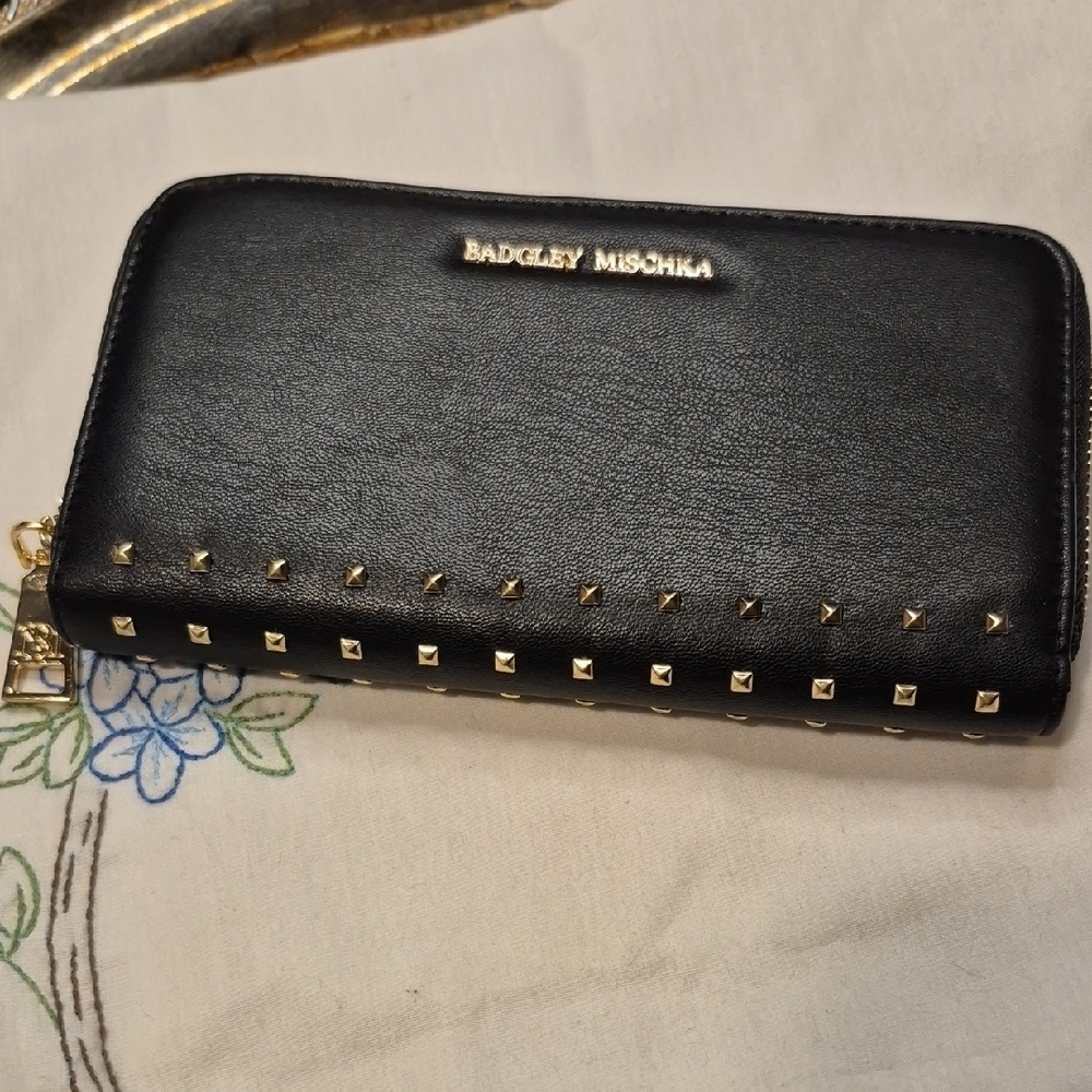 Badgley Mischka Black Wallet with Gold Tone Metal Stud Accents